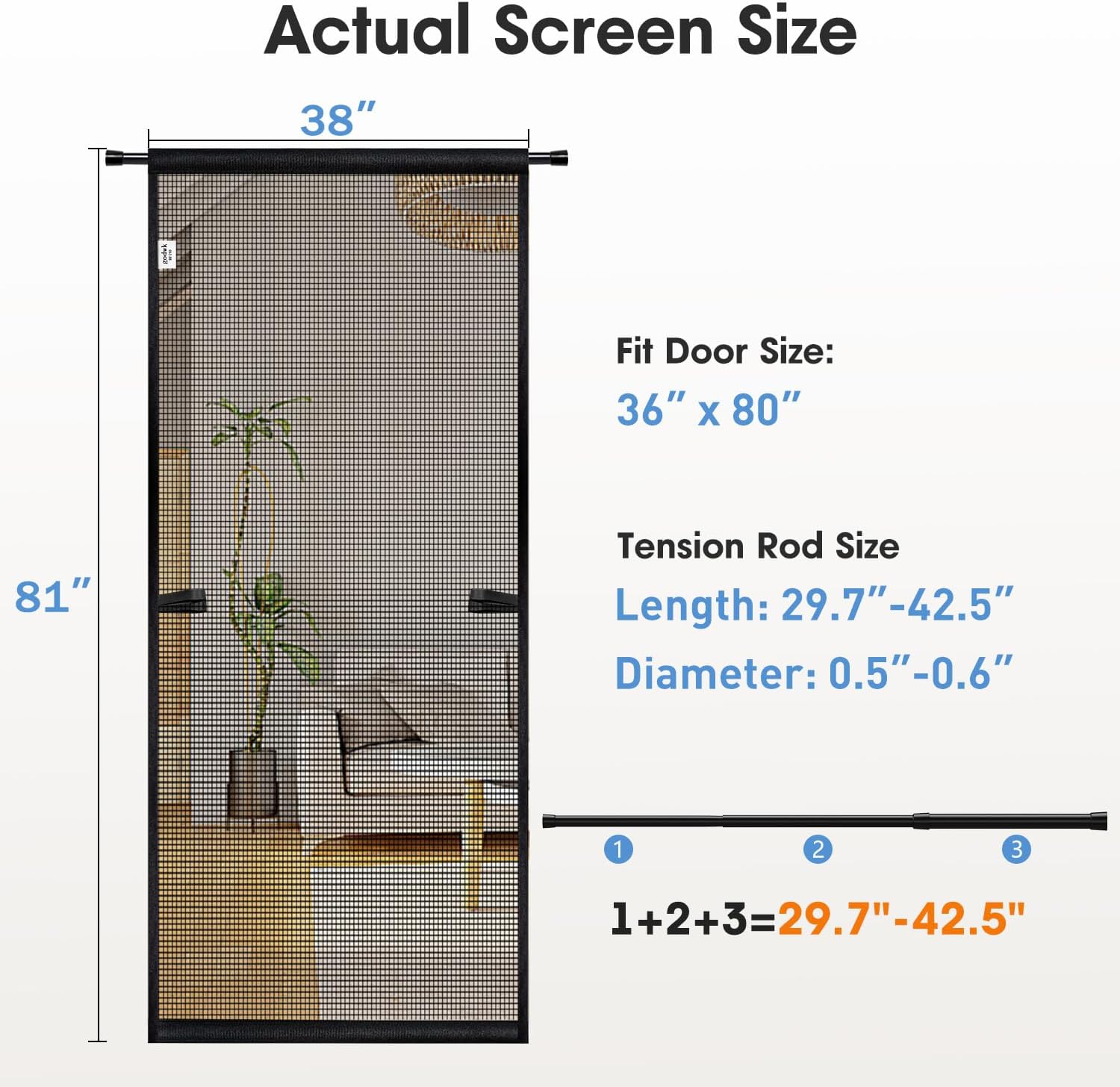 Hanging Screen Door - Fits Door Size 36" x 80" (Curtain Size 38'' x 81''), Sturdy Fiberglass Door Curtain Has Tension Rod&Hook&Loop Two Ways of Use, Heavy Duty Durable Door Screen