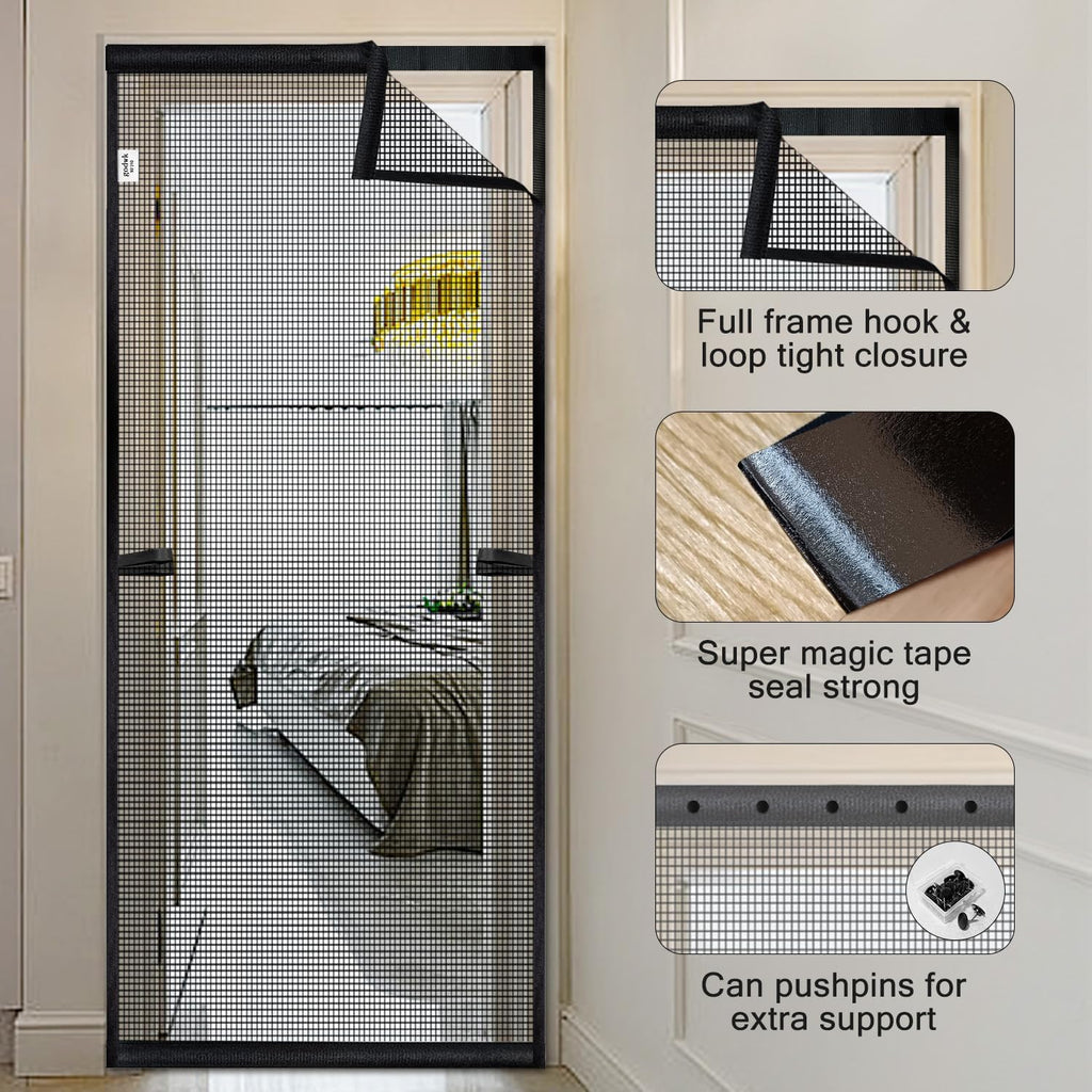 Hanging Screen Door - Fits Door Size 36" x 80" (Curtain Size 38'' x 81''), Sturdy Fiberglass Door Curtain Has Tension Rod&Hook&Loop Two Ways of Use, Heavy Duty Durable Door Screen