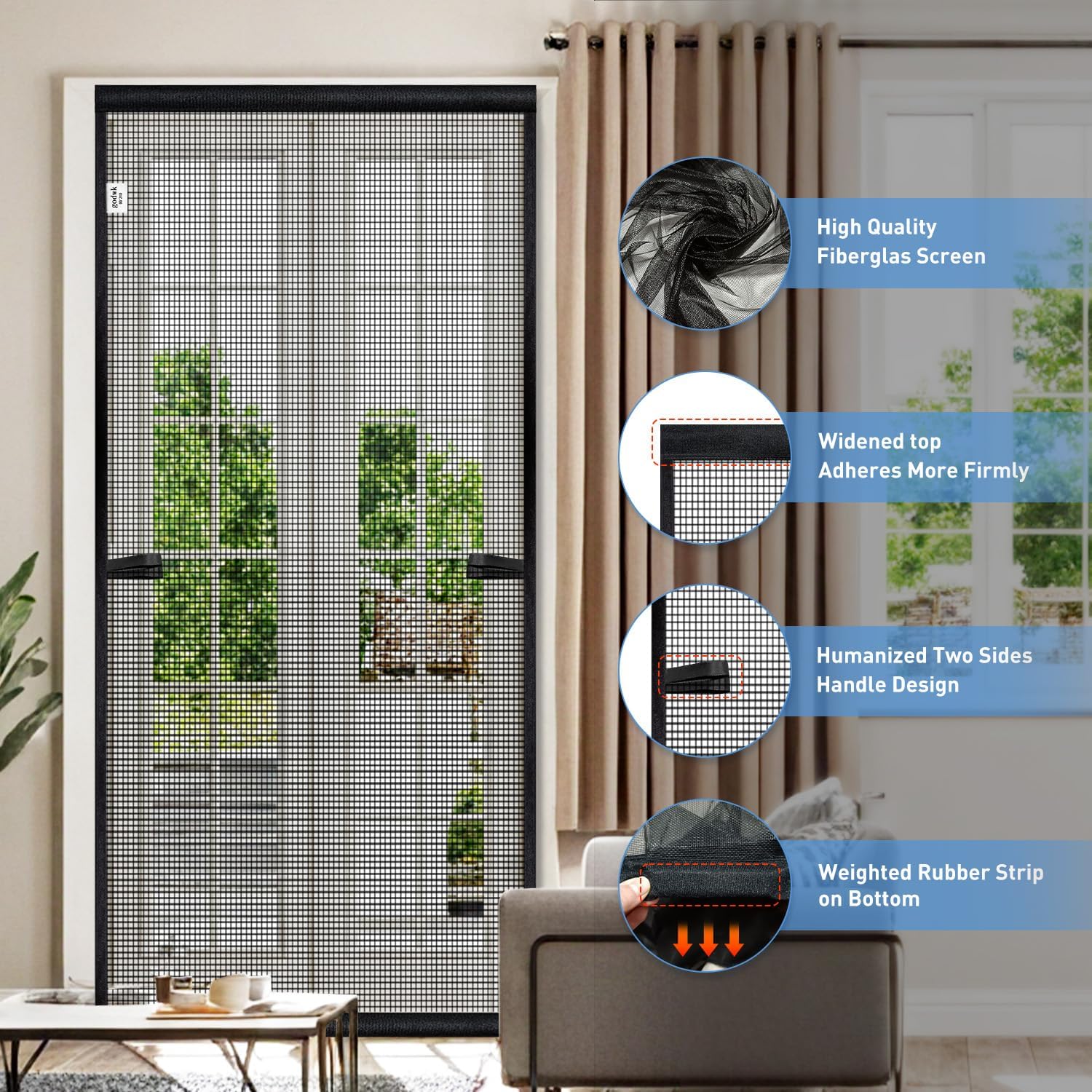 Hanging Screen Door - Fits Door Size 36" x 80" (Curtain Size 38'' x 81''), Sturdy Fiberglass Door Curtain Has Tension Rod&Hook&Loop Two Ways of Use, Heavy Duty Durable Door Screen