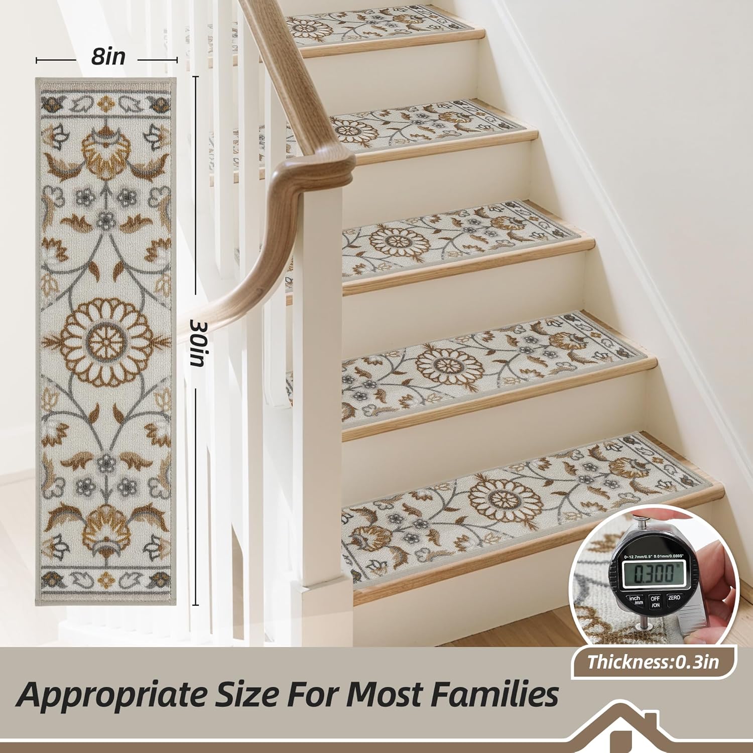 BEQHAUSE Stair Treads for Wooden Steps Non-Slip Machine Washable Carpet Stair Treads 8"X30" Soft Indoor Stair Rug Runner for Kids Elders and Pets, 100% Polyester, TPE Backing, 15pcs, Brown/Grey