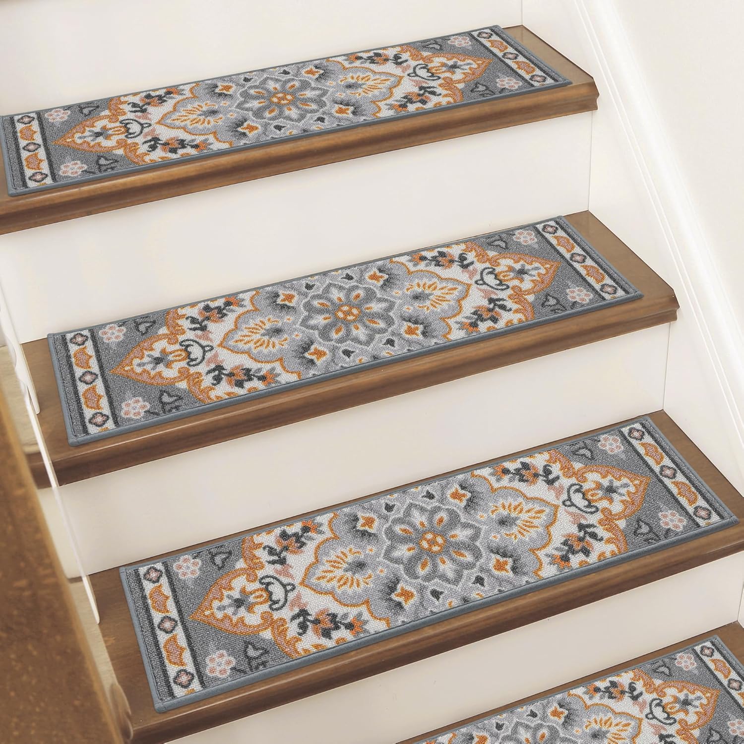 BEQHAUSE Stair Treads for Wooden Steps Non-Slip Machine Washable Carpet Stair Treads 8"X30" Soft Indoor Stair Rug Runner for Kids Elders and Pets, 100% Polyester, TPE Backing, 15pcs, Brown/Grey